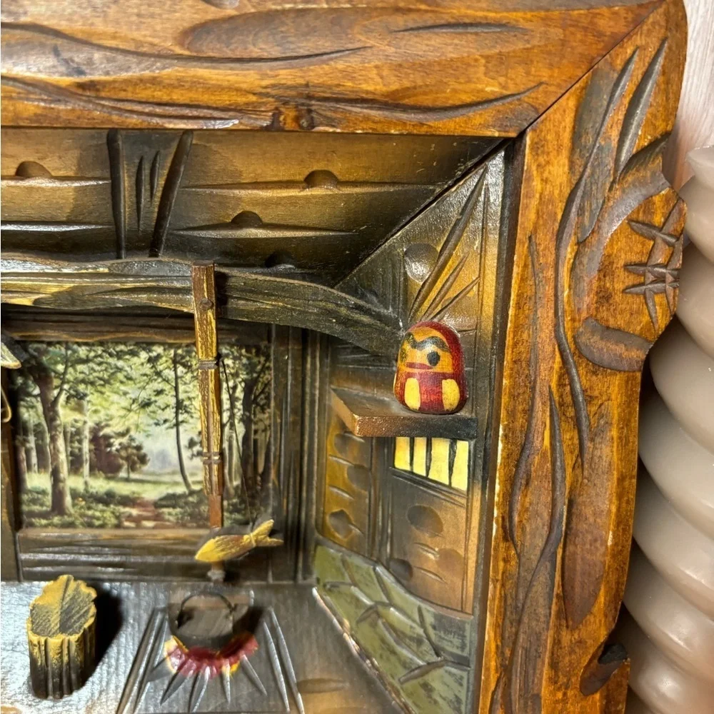 Vintage 3D Hand Carved Wooden Shadow Box Diorama Rustic Fishing Cabin Interior